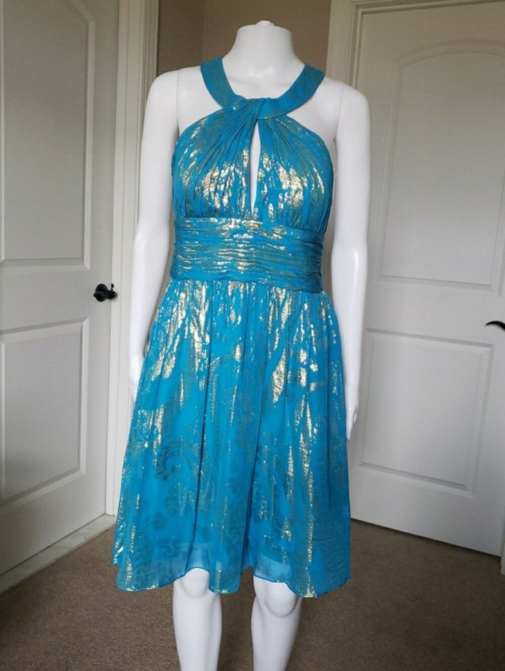 Aidan Mattox Turquoise Gold Foil Halter Dress